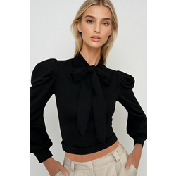 Trend Alaçati Stili Womens Black Halter Neck Princess Sleeve Woven Blouse