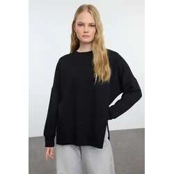 Trendyol Black Oversize/Wide Cut Slit Crew Neck Soft Touch Knitted Sweatshirt