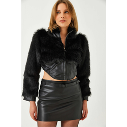 Bianco Lucci Womens Leather Garni Detailed Crop Faux Fur Jacket 2622