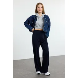 Trendyol Navy Blue Wide Leg/Relaxed Cut High Waist Flexible Trousers