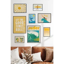 WallXpert set od 8 uramljenih slika Çgs-057, letnji motivi u žutim i tirkiznim tonovima – sunce, surfer, talasi i limunada, crni ram