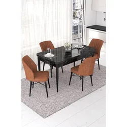 Hanah Home trpezarijski set Nef, sto na razvlačenje i 4 stolice, ploča u dekoru crnog mermera, terakota tkanina Jerry