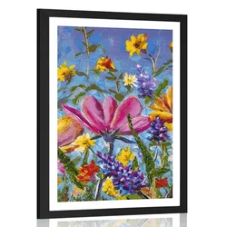 Plakat s paspartujem barvne cvetlice na travniku - 20x30 silver