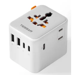 Tessan TS-WTA08 potovalni adapter, 1× AC, 2× USB-A, 3× USB-C
