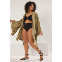 Trendyol Curve Khaki Frilled Sleeve Flounce Viscose Beach Wear Woven Plus Size Kimono&Caftan