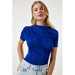 Happiness Istanbul Womens Blue Gathered Detailed Viscose Blouse