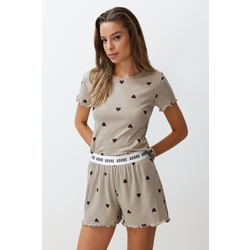 Trendyol Mint Heart Motto Printed Elastic Detail Ribbed Knitted Pajamas Set