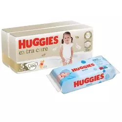 Huggies Pelene Extra Care 5, Duo pack, 15-22 kg, 100/1+Huggies Vlažne maramice Pure 56/1
