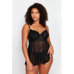 Trendyol Curve Black High Waist Underwire Babydoll & Thong Set