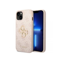 GUESS maska za iPhone 15 LEATHER 4G METAL LOGO PINK