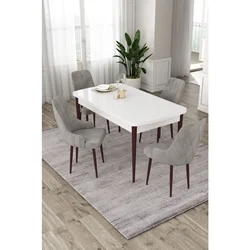 Hanah Home trpezarijski set Eta, sto na razvlačenje i 4 stolice, bela ploča, braon noge, siva tkanina Babyface