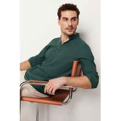 Trendyol Dark Green Slim Fit Half Plaid Large Collar 100% Cotton Shirt