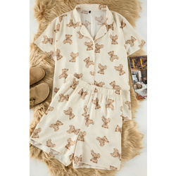 Trendyol Curve Beige Teddy Bear Patterned Shirt Collar Viscose Woven Pajama Set
