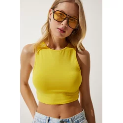 Happiness Istanbul Womens Yellow Barter Neck Crop Knitted Blouse