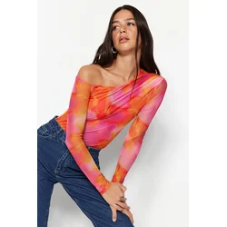 Trendyol Pink Patterned Tulle Transparent Back Fitted/Sleeping Flexible Knitted Body with Snap fastener