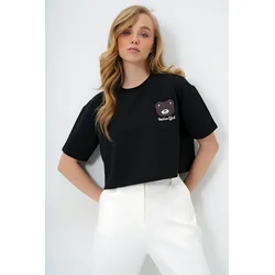 Trend Alacati Stili Ženska majica kratkih rukava Alc-X13675, Okrugli izrez, Crna