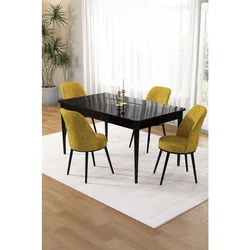 Hanah Home trpezarijski set Pir, sto i 4 stolice, ploča u dekoru crnog mermera, senf žuta tkanina Babyface