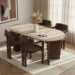 Hanah Home trpezarijski set Meridia, ovalni sto i 4 stolice sa rukonaslonima, travertin, orah Milano i tamni orah, braon šenil tkanina