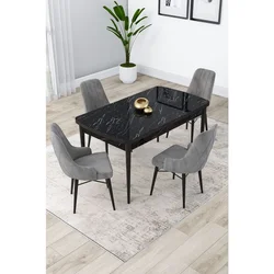 Hanah Home trpezarijski set Lia, sto na razvlačenje i 4 stolice, ploča u dekoru crnog mermera, siva tkanina Babyface
