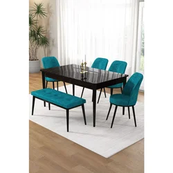 Hanah Home trpezarijski set Pir, sto, 4 stolice i klupa, ploča u dekoru crnog mermera, tirkizna tkanina Babyface
