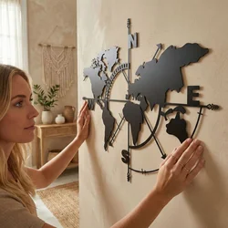 WallXpert metalni zidni ukras 5141, mapa sveta sa ružom kompasa i oznakama strana sveta, 98 x 75 cm, crni