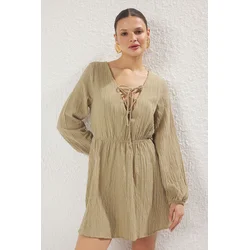 Trendyol Khaki Mini Woven Tied Linen Blend Beach Dress