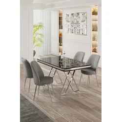 Hanah Home Set Trpezarijski sto i 4 stolice, Sivo-crni