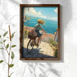 WallXpert uramljena MDF slika NAL133-70, devojka na biciklu niz kaldrmu ka moru, 50 x 70 cm