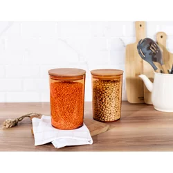 MADAME COCO Yuviera Set kutija za čuvanje hrane sa drvenim poklopcem, 2kom, 1500ml, 12x12x18cm, Braon