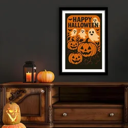 WallXpert uramljena slika 3752HALCT-019, natpis Happy Halloween sa duhovima i bundevama, 37 x 52 cm, crni ram