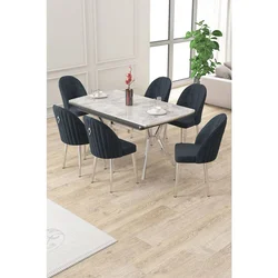 Hanah Home trpezarijski set Sim, sto na razvlačenje i 6 stolica, siva ploča Rampla, hromirane noge, antracit tkanina Babyface