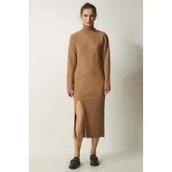 Happiness Istanbul Womens Biscuit Turtleneck Slit Knitwear Dress