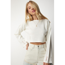 Happiness Istanbul Womens Bone Torn Detailed Knitwear Crop Sweater