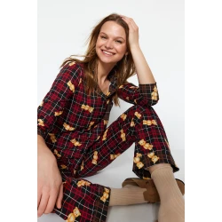 Trendyol Multicolored 100% Cotton Teddy Bear Patterned Plaid Shirt-Pants Knitted Pajama Set