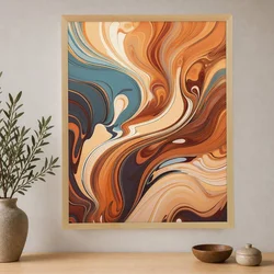 WallXpert uramljena slika na platnu Cc-D-Ah-1019, apstraktni mermerni talasi u narandžastoj, braon i plavoj, 70 x 95 cm