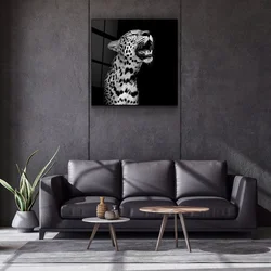 WallXpert slika na kaljenom staklu Kgls_2006, crno-beli leopard koji riče na crnoj pozadini, 50 x 50 cm