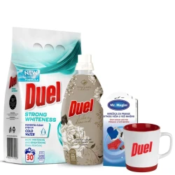 DUEL set praškasti deterdžent Strong Whiteness 2,7kg, DUEL Like a diamond omekšivač 1,6l, DUEL šolja za kafu i mrežica za sitan veš