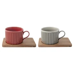 2-piece porcelain mug set, with wooden saucers, 250ml, Take a Break,