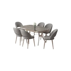 Hanah Home trpezarijski set Jita, sto i 6 stolica, antracit ploča Irony, hromirane noge, siva tkanina Babyface