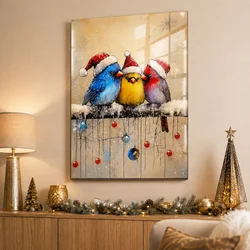 WallXpert slika na kaljenom staklu CAM12350, tri ptičice sa Deda Mrazovim kapama na snežnoj grani, 50 x 70 cm