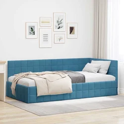 vidaXL Kotna postelja z vzglavjem Modra 90 x 200 cm Žamet
