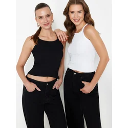 Trendyol Black and White 2-Pack Barter Neck Body-Sliding Ribbed Elastic Knit Undershirt