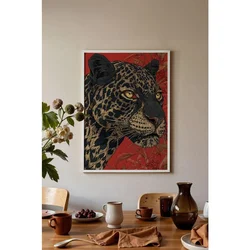 WallXpert uramljena slika 115268, portret leoparda na crvenoj pozadini, 30 x 40 cm, beli ram