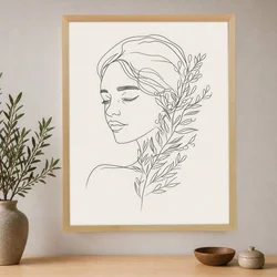 WallXpert uramljena slika na platnu Cc-D-Ah-1040, linijski ženski portret zatvorenih očiju sa grančicom, 70 x 95 cm