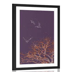 Plakat s paspartujem prelet ptic nad drevesom - 60x90 white