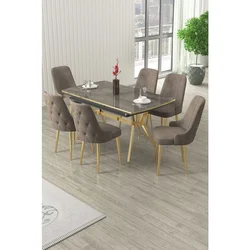 Hanah Home trpezarijski set Nis, sto na razvlačenje i 6 stolica, antracit ploča Irony, zlatne noge, kapućino tkanina Babyface
