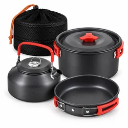 Set posuđa za kampovanje, sklopivi, aluminijum, sivi sa crvenim detaljima