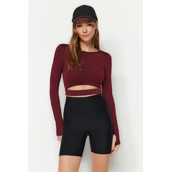 Trendyol Burgundy Crop Window/Cut Out and Thumb Hole Detail Knitted Sports Top/Blouse