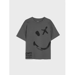 Sinsay - Pamučna oversize majica s printom SmileyWorld® - tamno siva