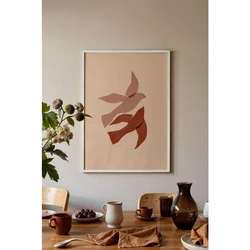 WallXpert uramljena slika 115188, dve stilizovane ptice u roze i terakota tonovima na bež pozadini, 50 x 70 cm, beli ram